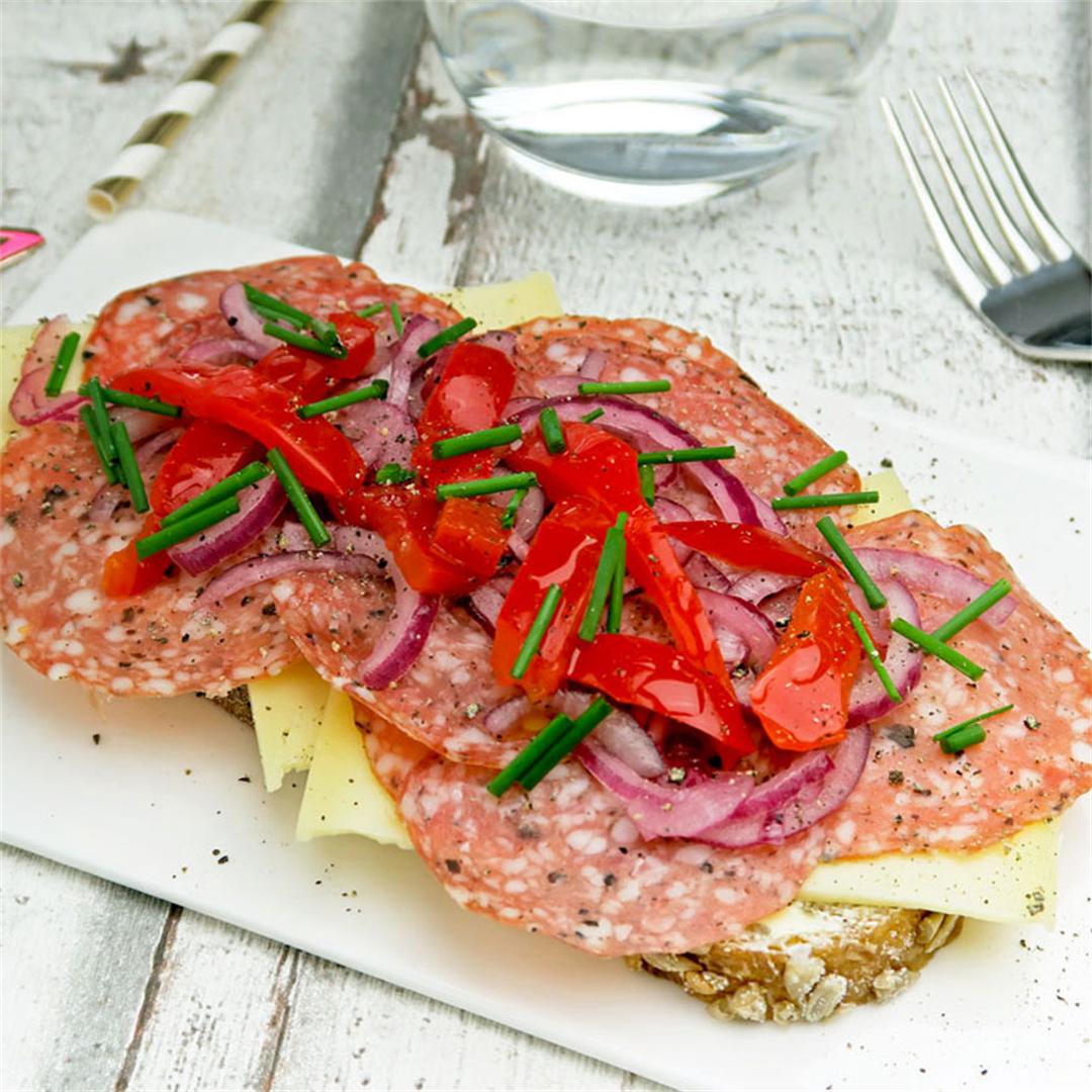 Summer sandwich with truffle salami, cheese and peppers