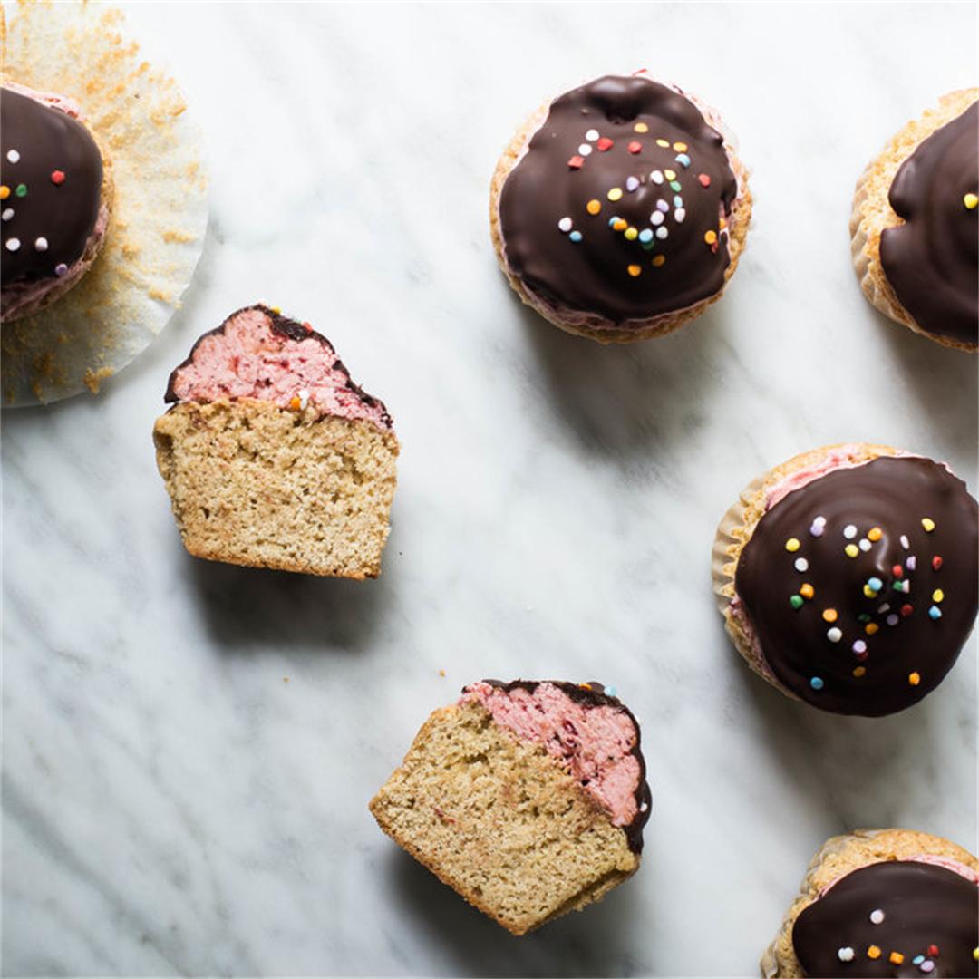Chocolate Dipped Roasted Strawberry Cupcakes