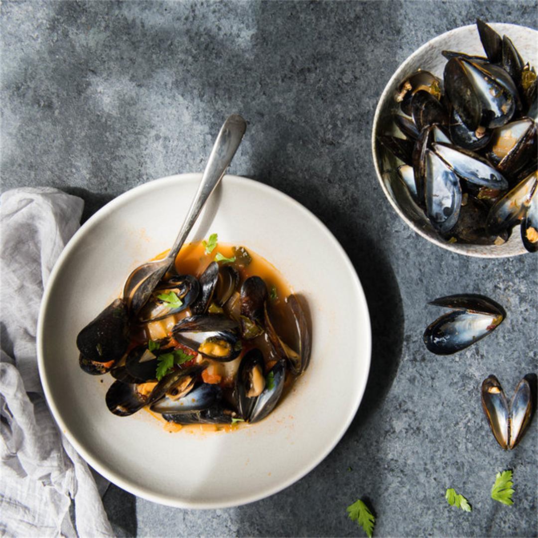 One Pot Mussels in a Tomato, Chard and Herb Broth