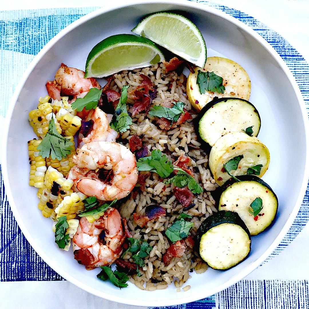 Chipotle Bacon Grilled Shrimp and Veggies Bowl