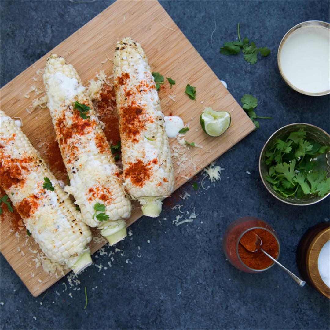 Oven Charred Mexican Street Corn with Yogurt, Chili and Lime