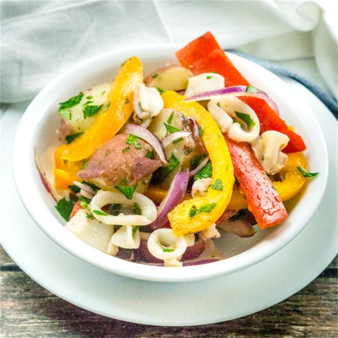 Spanish Style Calamari Potato Salad with Bell Peppers