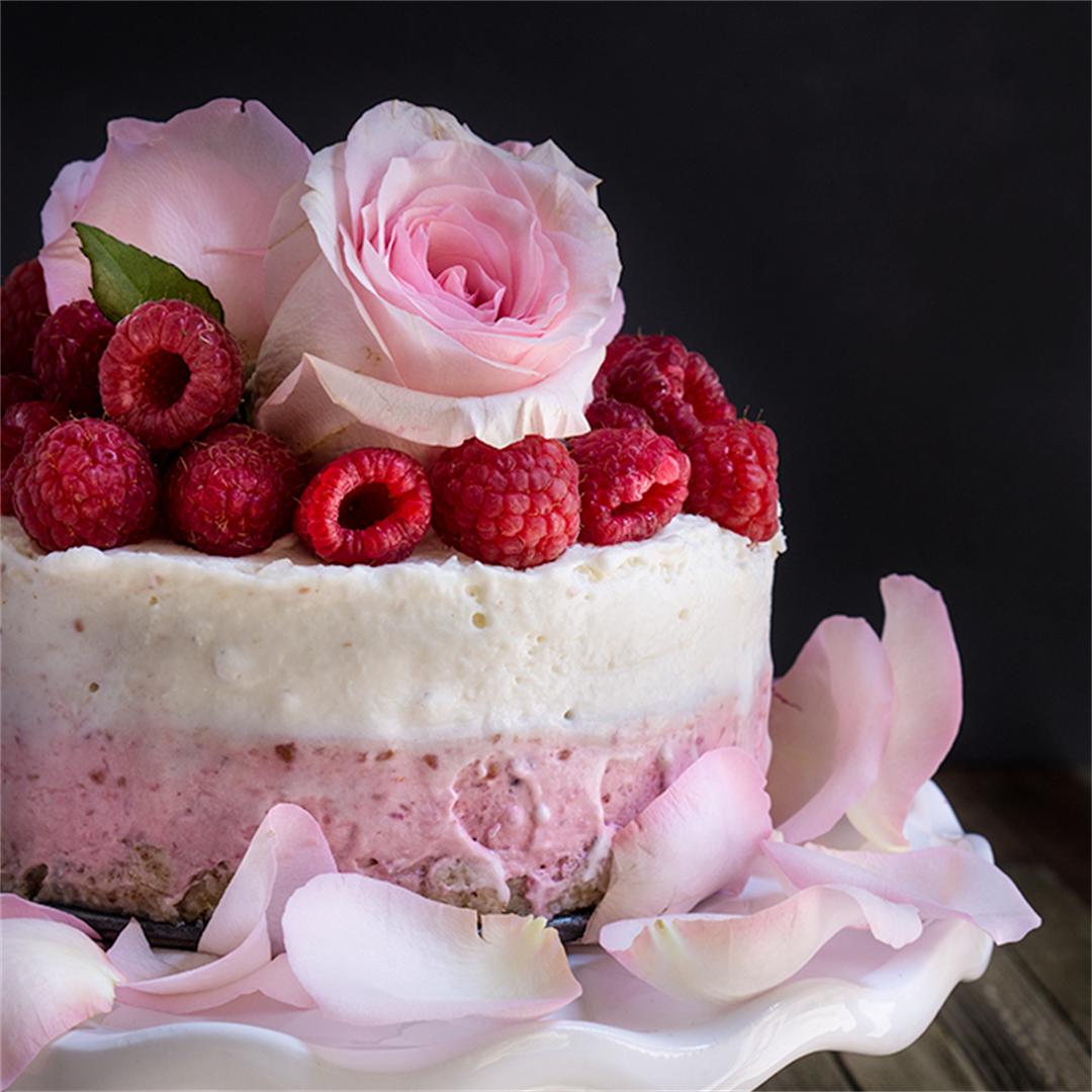 White chocolate coconut raspberry mousse cake