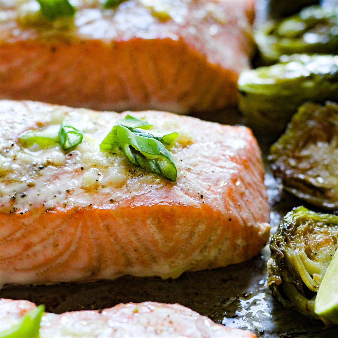 One pan buttery garlic salmon with brussels sprouts