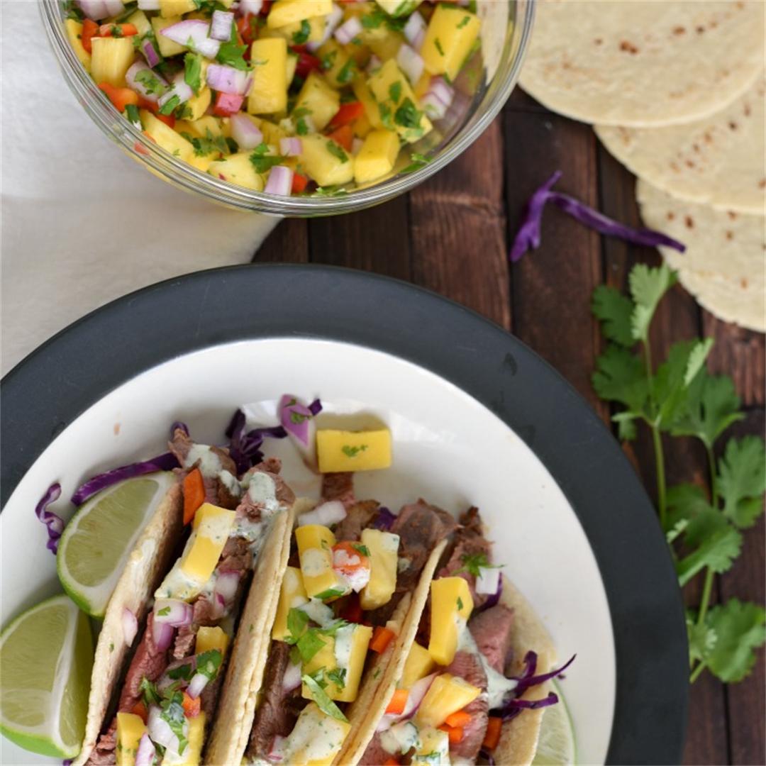 Flank Steak Tacos with Pineapple-Mango Salsa and Cilantro-Lime
