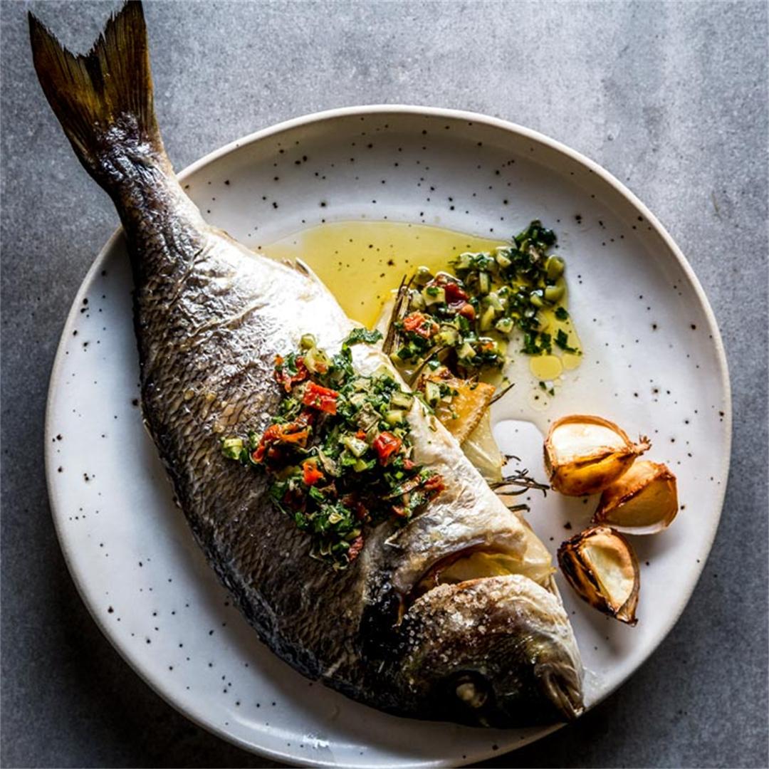 Baked Whole Fish with Lemon, Herbs and Garlic Butter