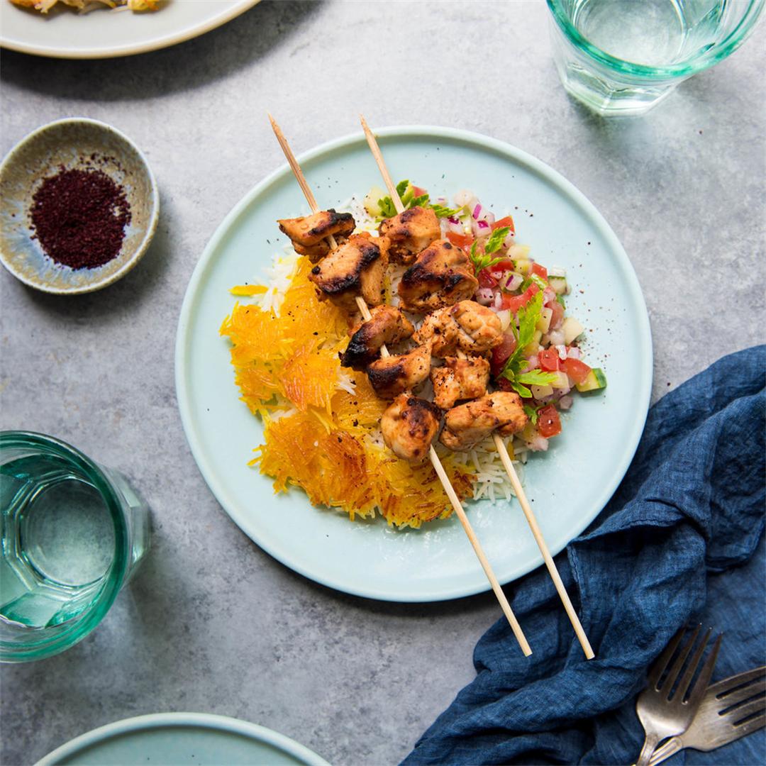 Smokey Spiced Chicken Kebabs with Persian Crispy Rice
