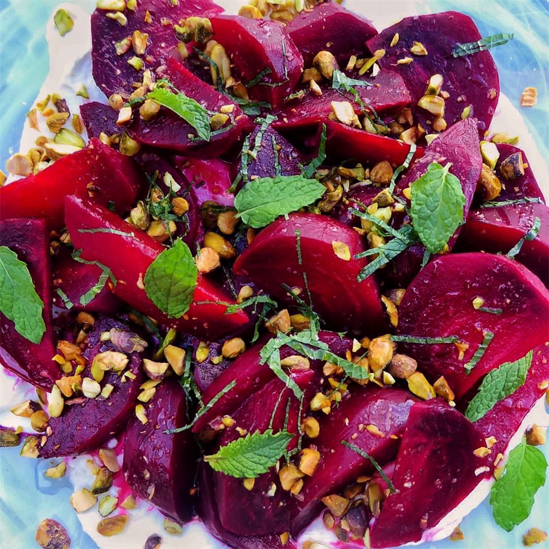 Roasted Beets with Homemade Labneh Yogurt Spread and Pistachios