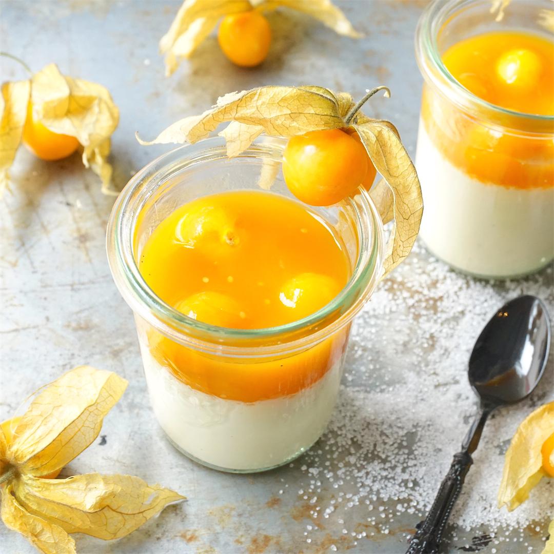 Vegetarian Panna Cotta with Passionfruit Physalis Coulis