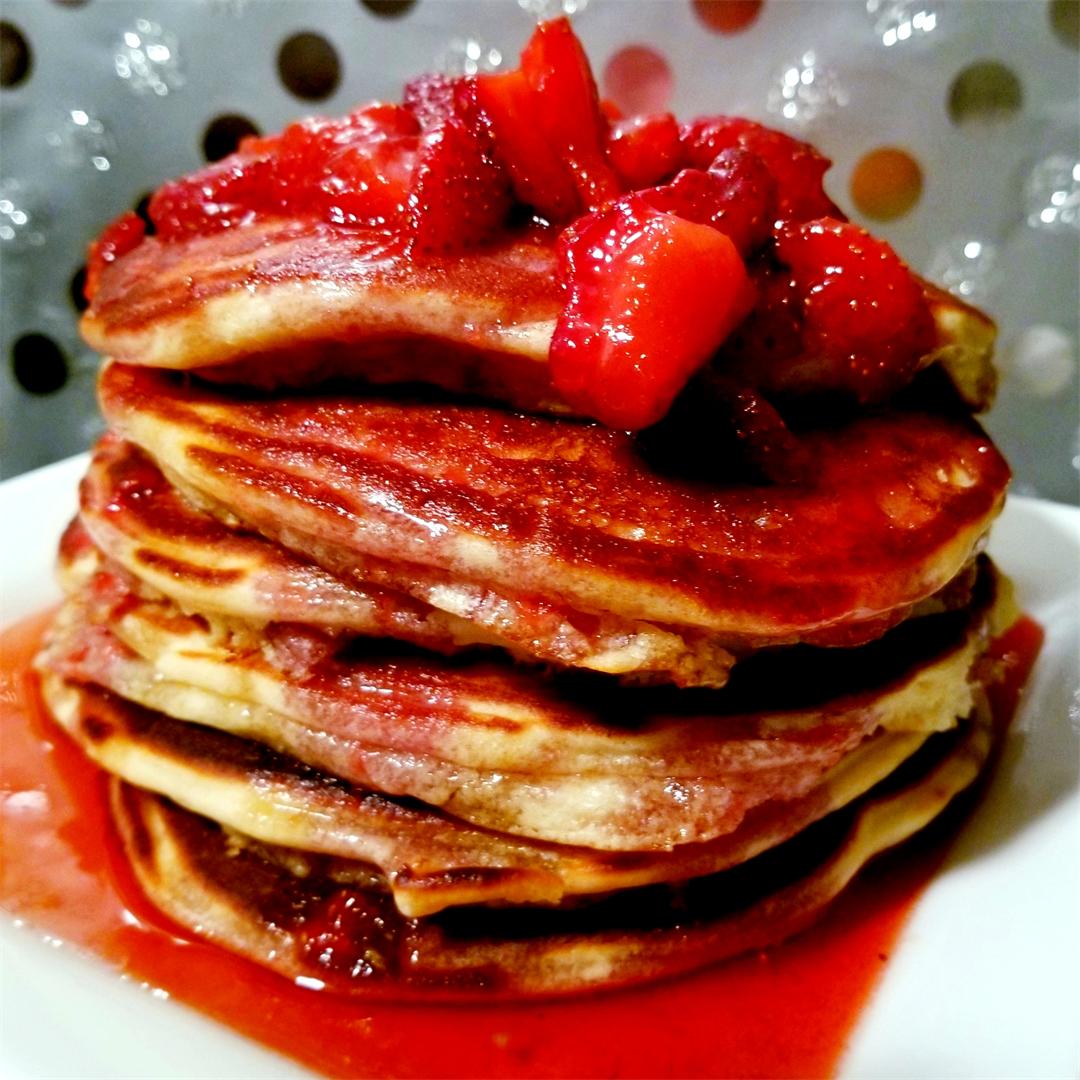 Blueberry Pancakes with Strawberry Syrup