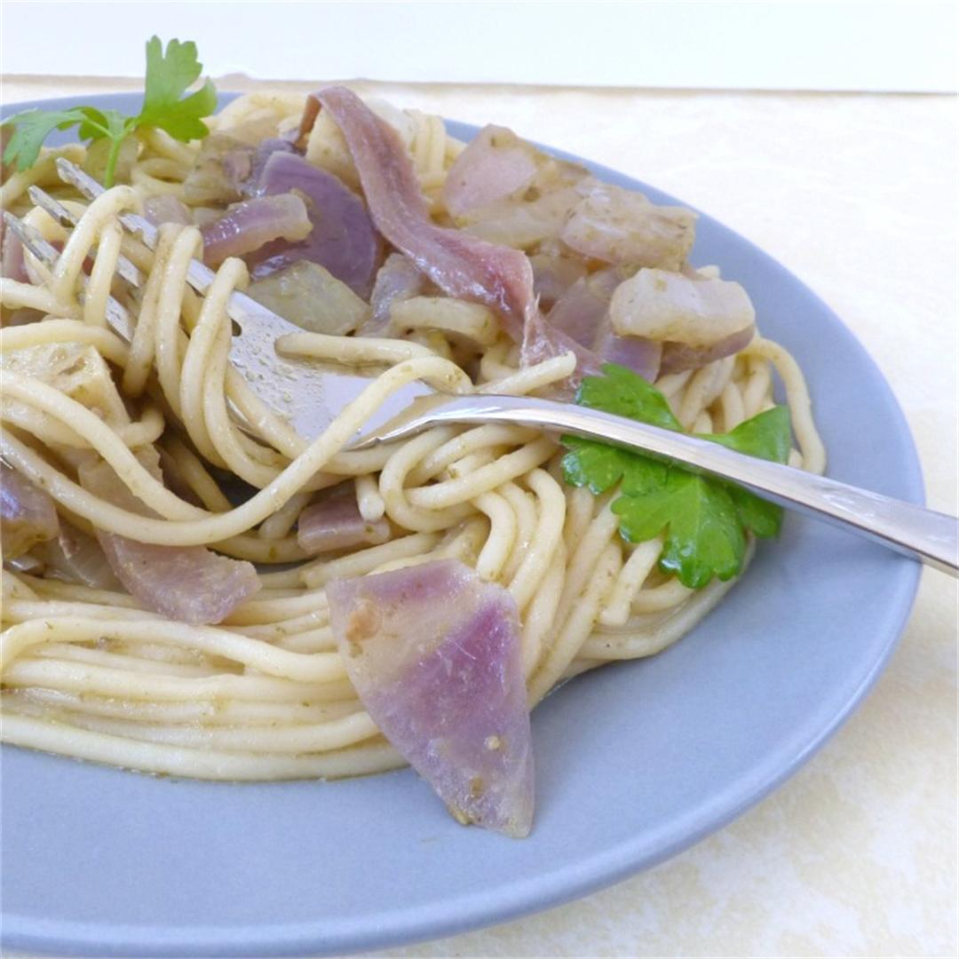 Anchovy Pasta with Pesto and Onions