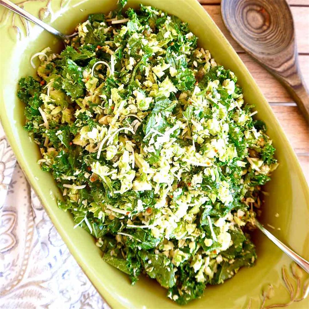 Shredded Brussels Sprouts + Kale Salad With Garlic Caper Dressi