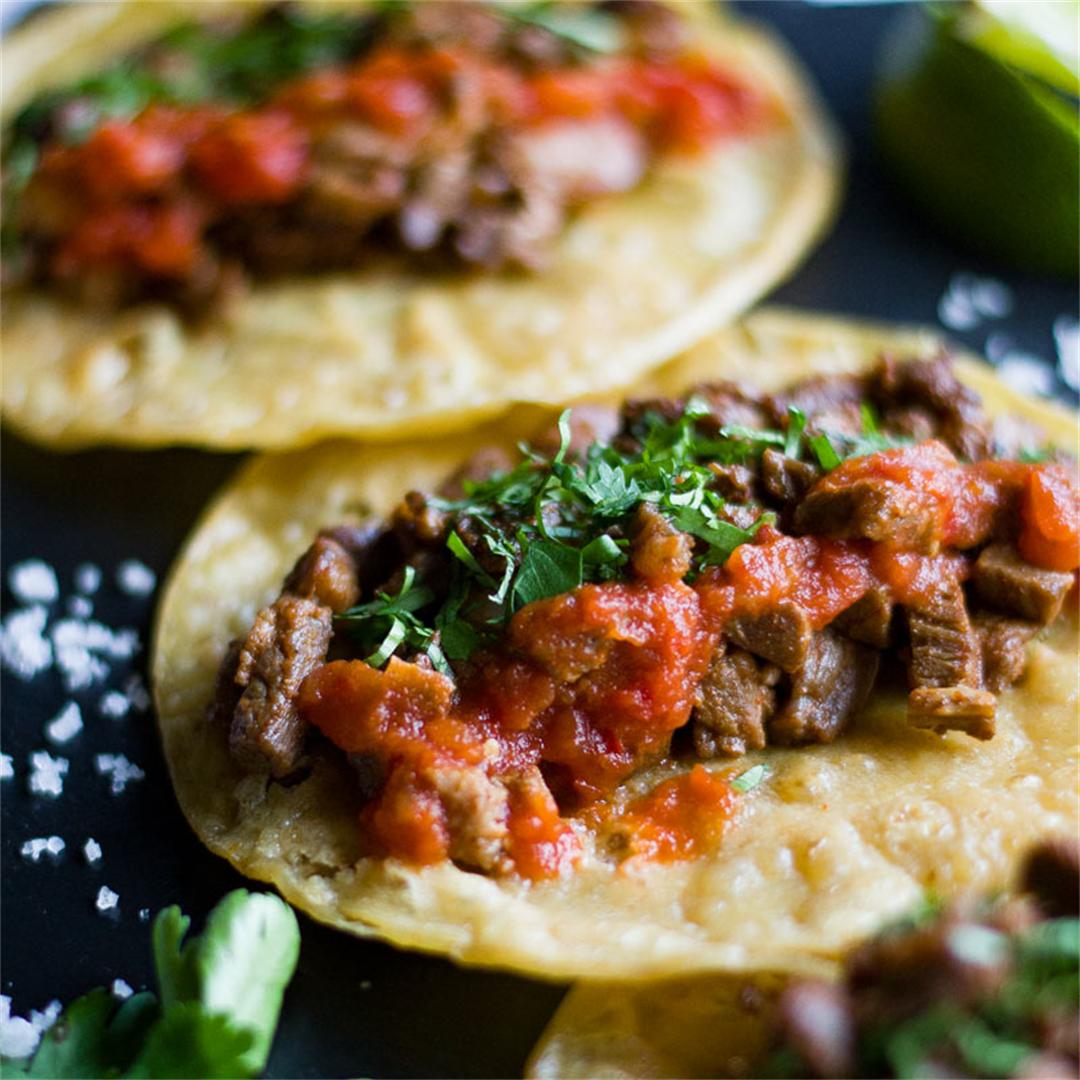 Mexican Steak Tacos with Taqueria Red Salsa