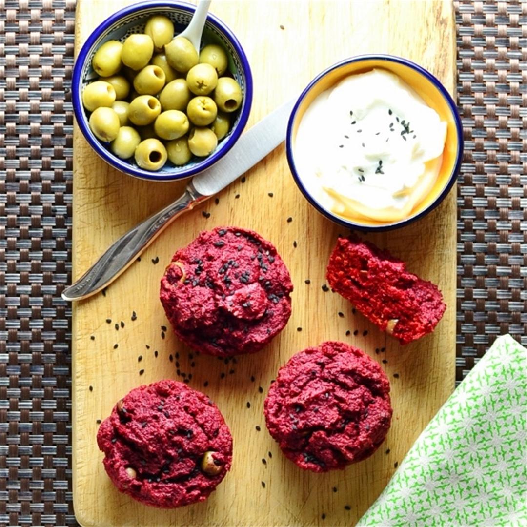 Beetroot Cornmeal Muffins with Green Olives