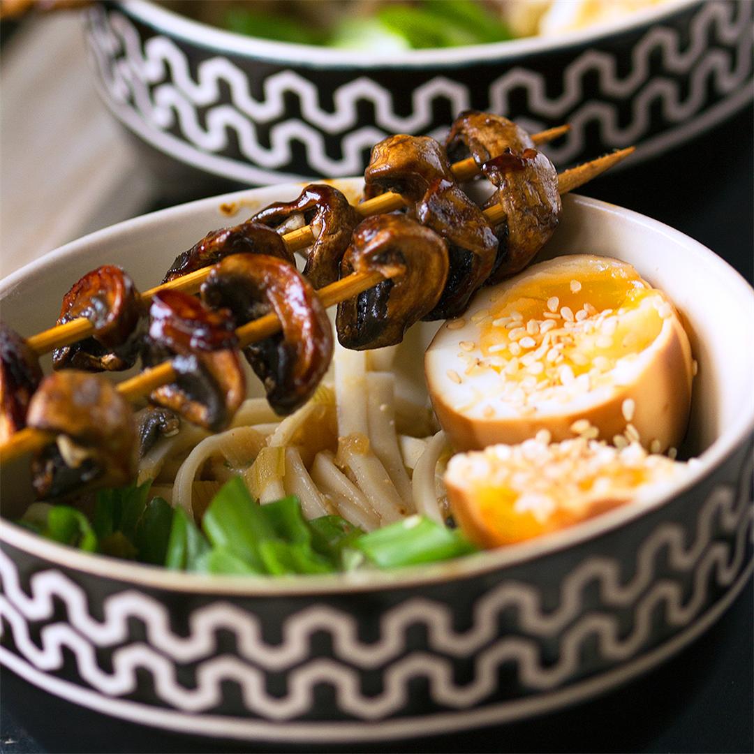Japanese Noodles Bowl with Grilled Mushrooms