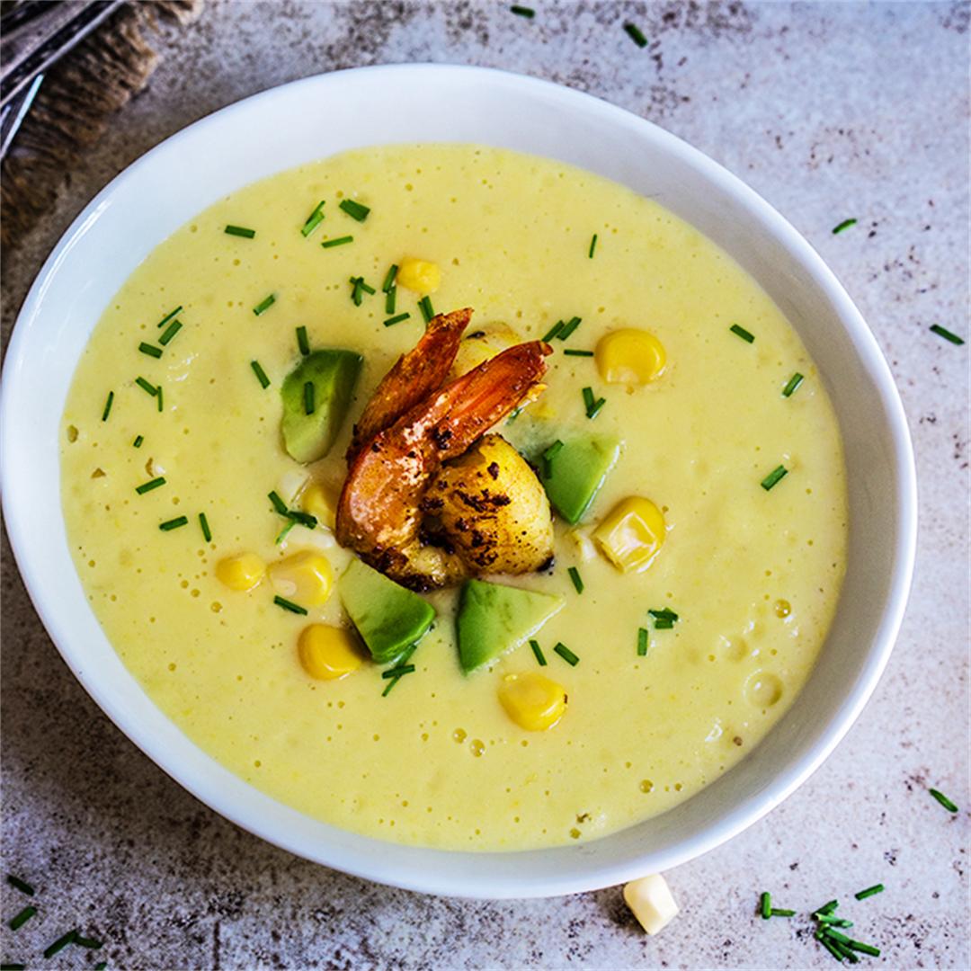 Chilled corn soup with garlic shrimp and avocado