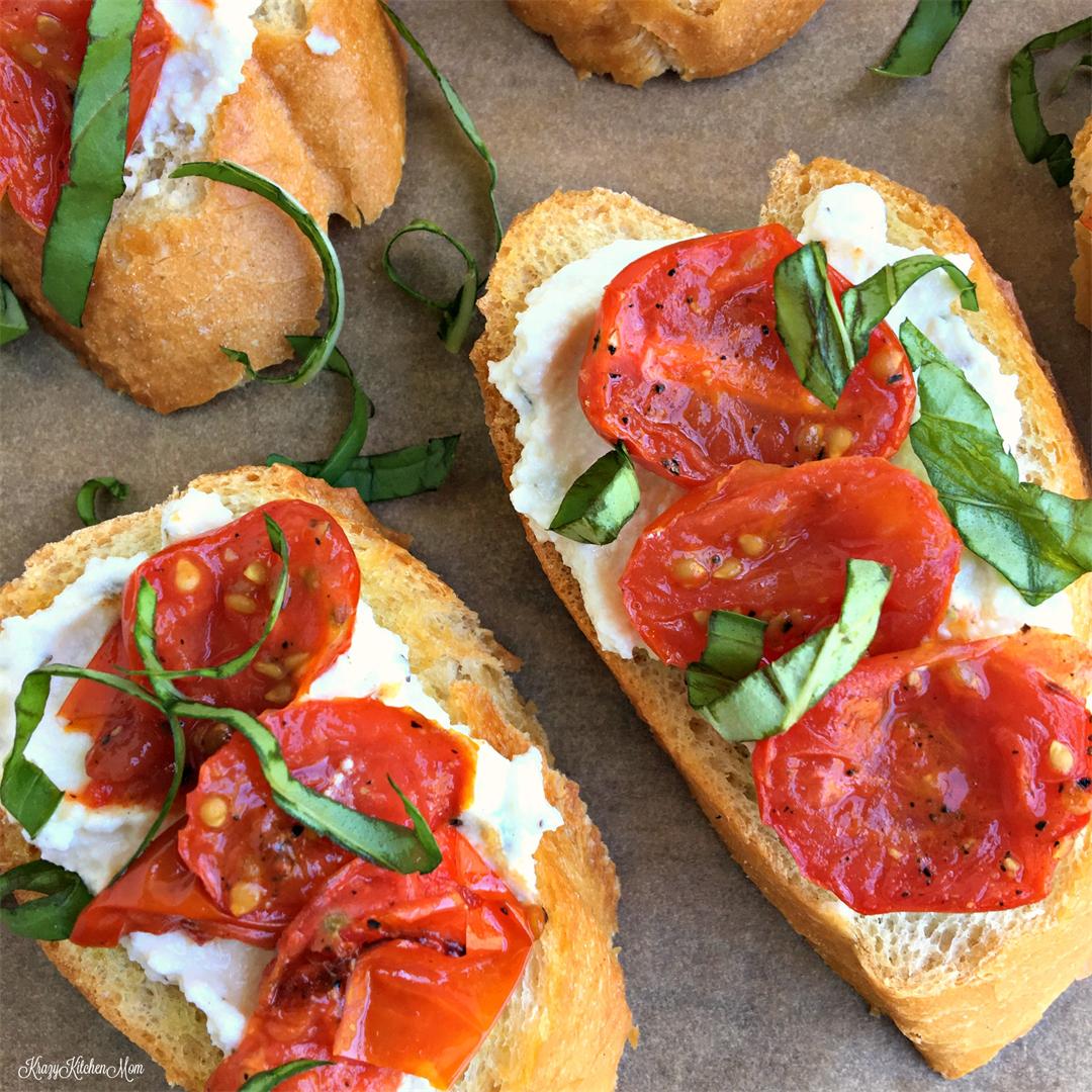 Roasted tomatoes with ricotta cheese spread.