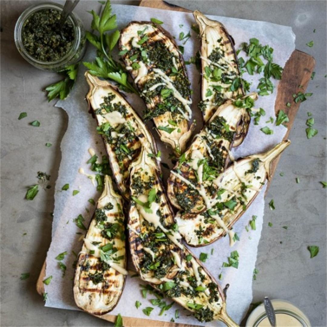 Chargrilled Eggplant with Carrot Top Pesto