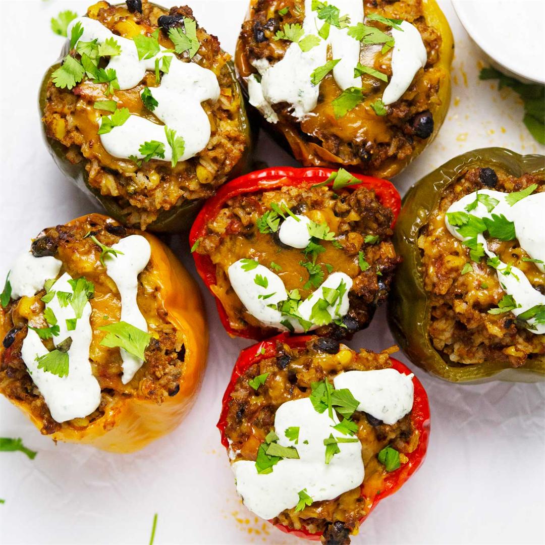 Slow Cooker Tex-Mex Stuffed Peppers With Cilantro Sour Cream