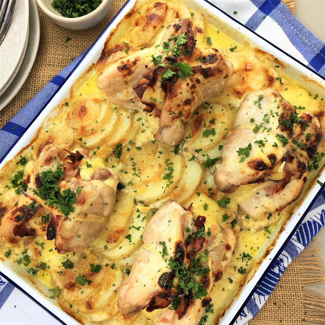 One-Pan Swiss Chicken with Mustard, Garlic & Cream Potatoes