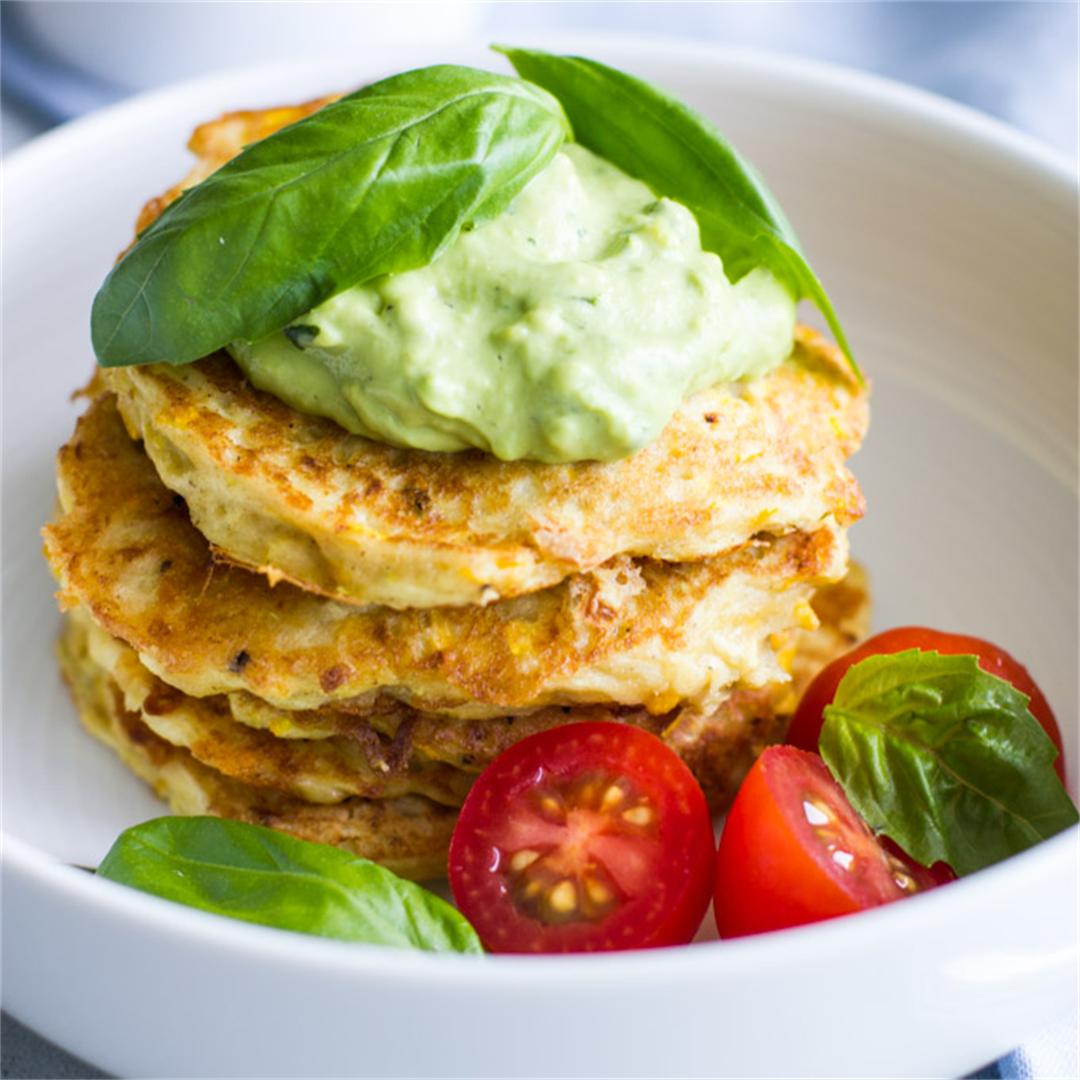 Summer squash fritters with avocado dip