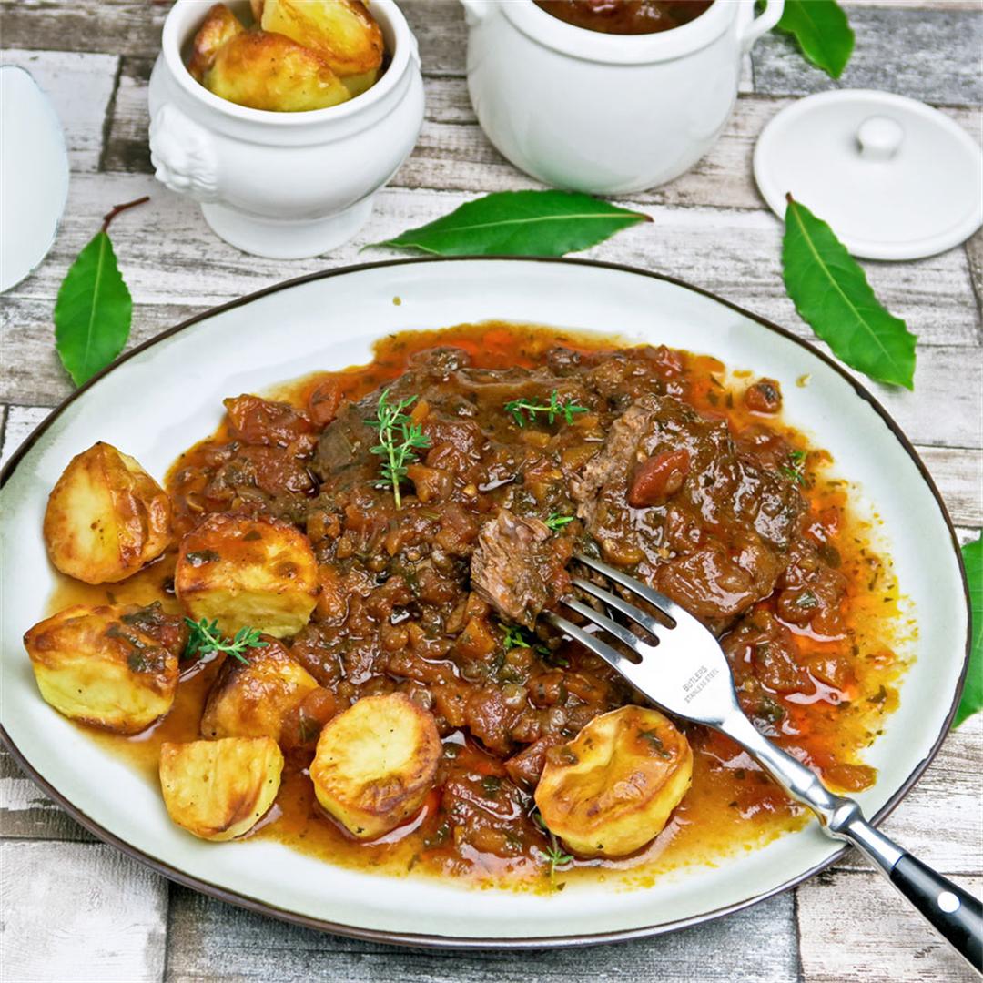 Rustic Italian beef stew with a rich tomato and herb sauce