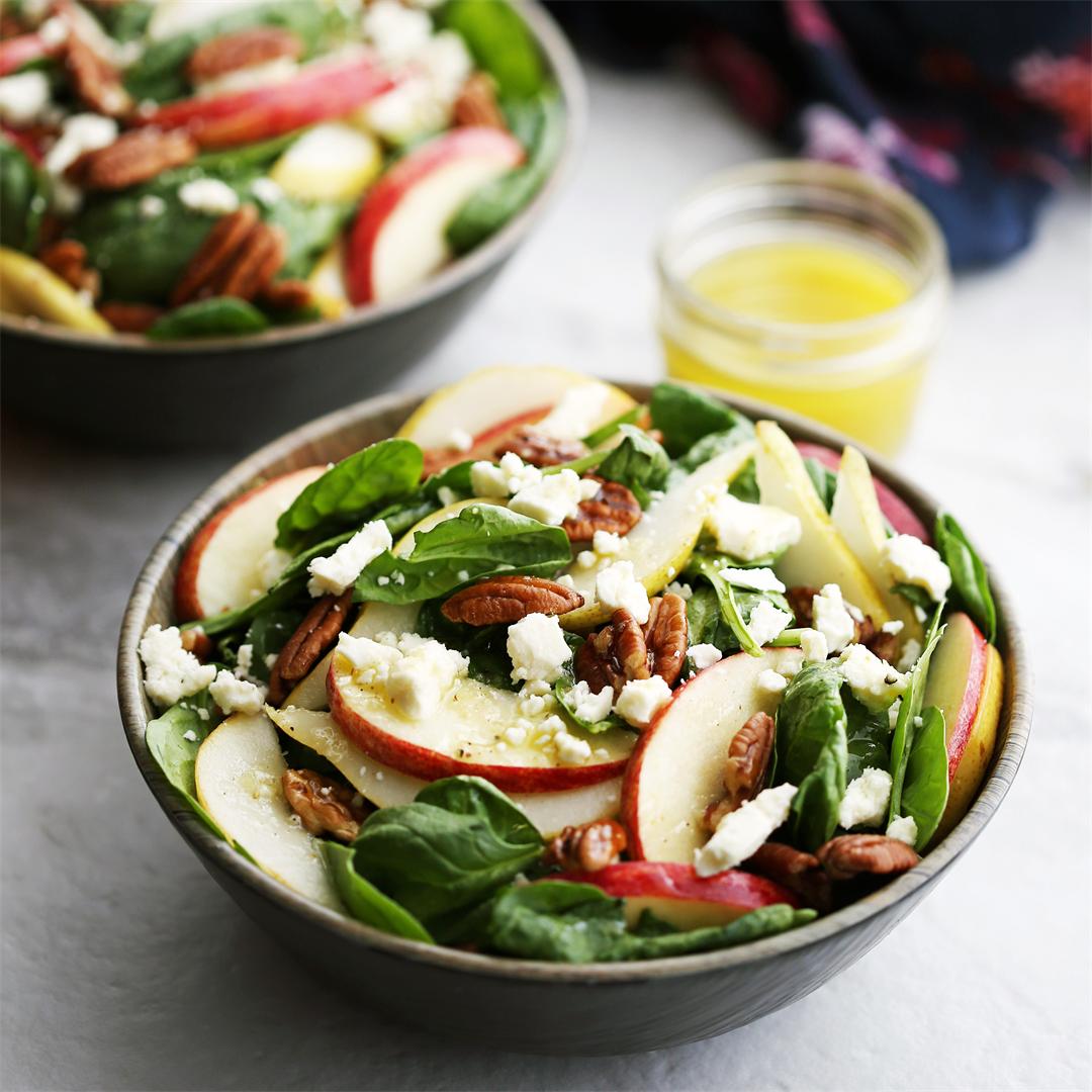 Apple and Pear Spinach Salad with Honey Lemon Ginger Dressing