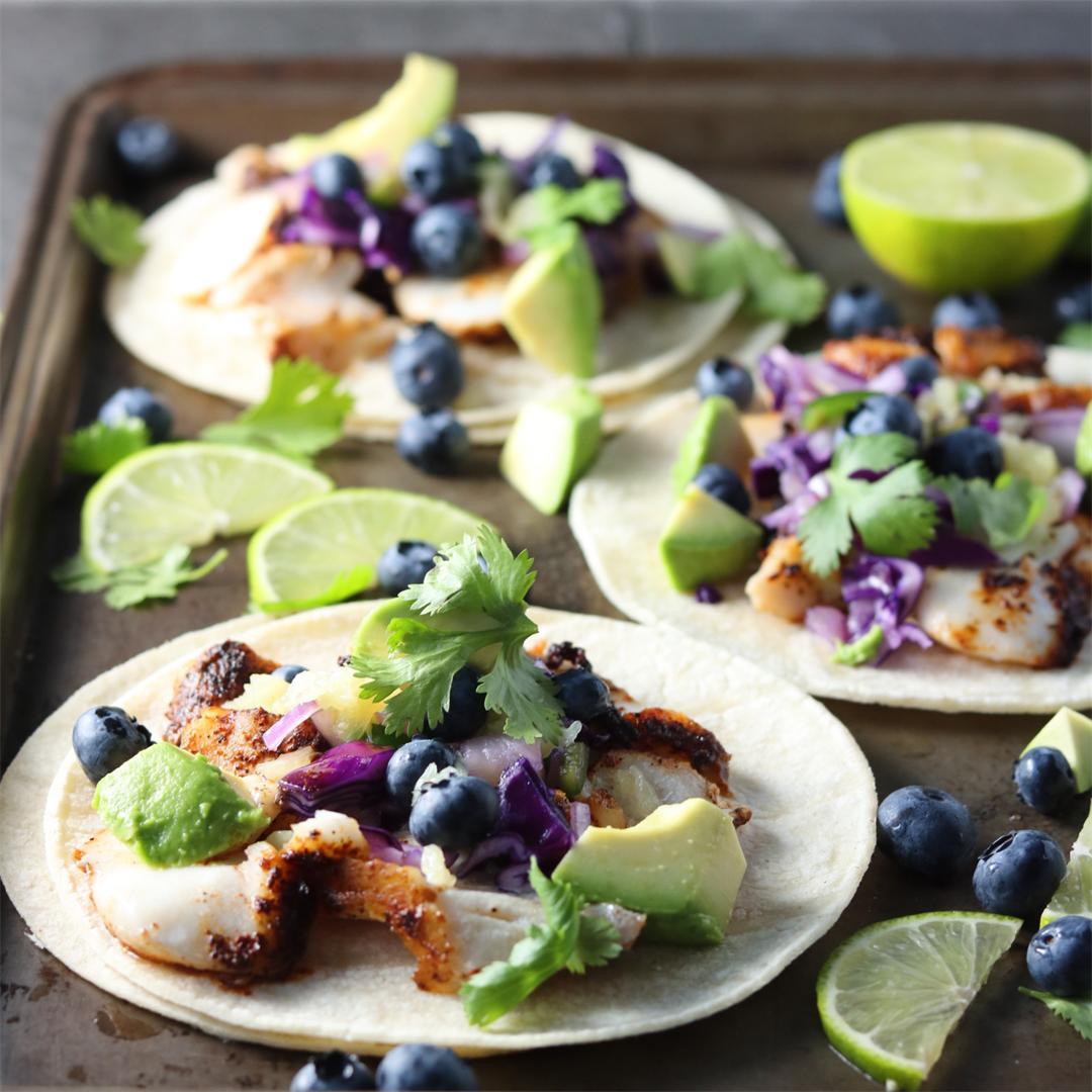 Spicy Fish Tacos w/Blueberry Pineapple Slaw