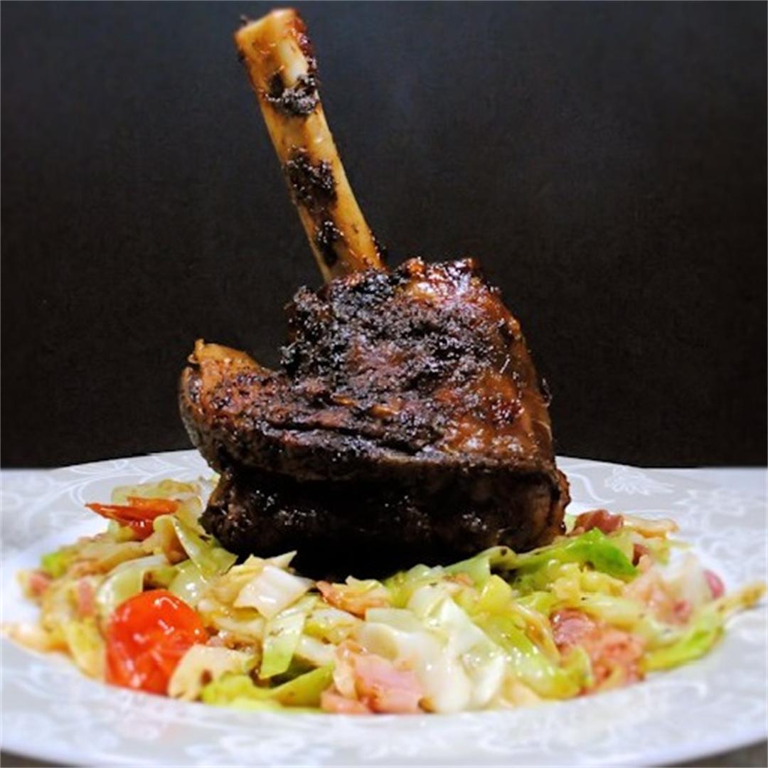 Lamb shank with stir fried cabbage