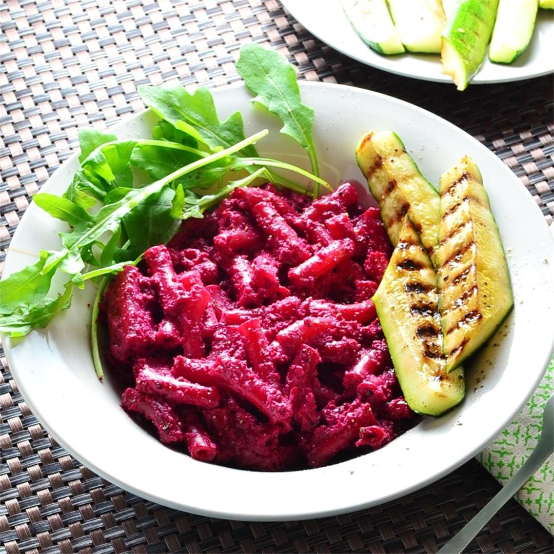 Beetroot Macaroni Cheese with Grilled Zucchini
