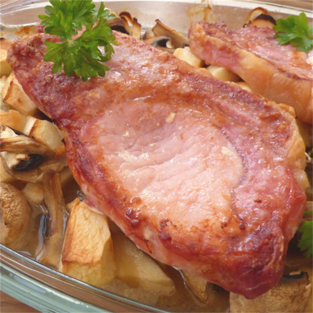 Oven Bacon Chop with Apple and Mushrooms
