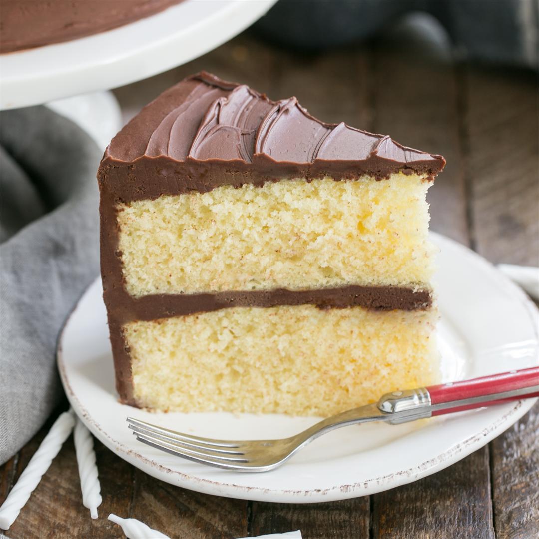 Classic Yellow Butter Cake with Fudgy Chocolate Icing