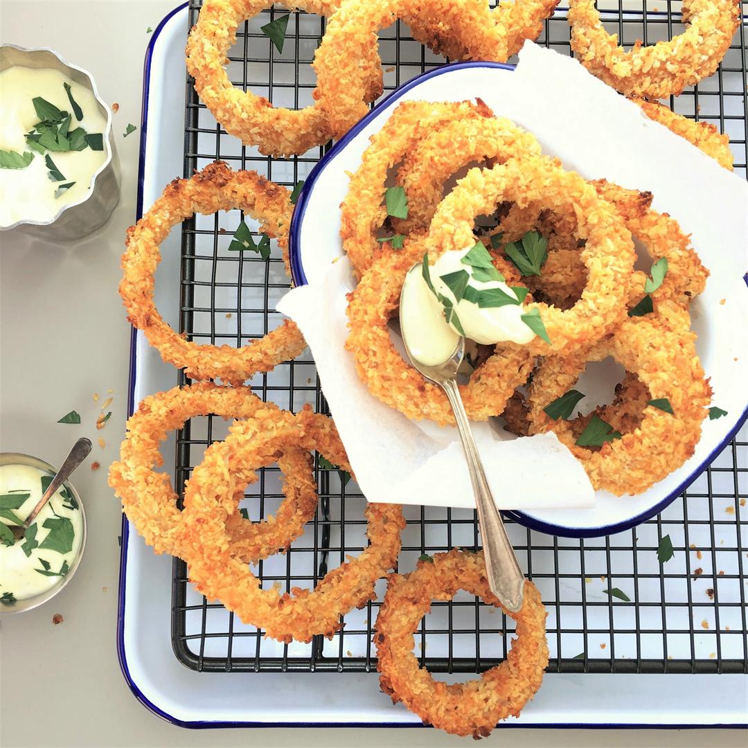 Double Crunch Baked Onion Rings with Dijon Mayo