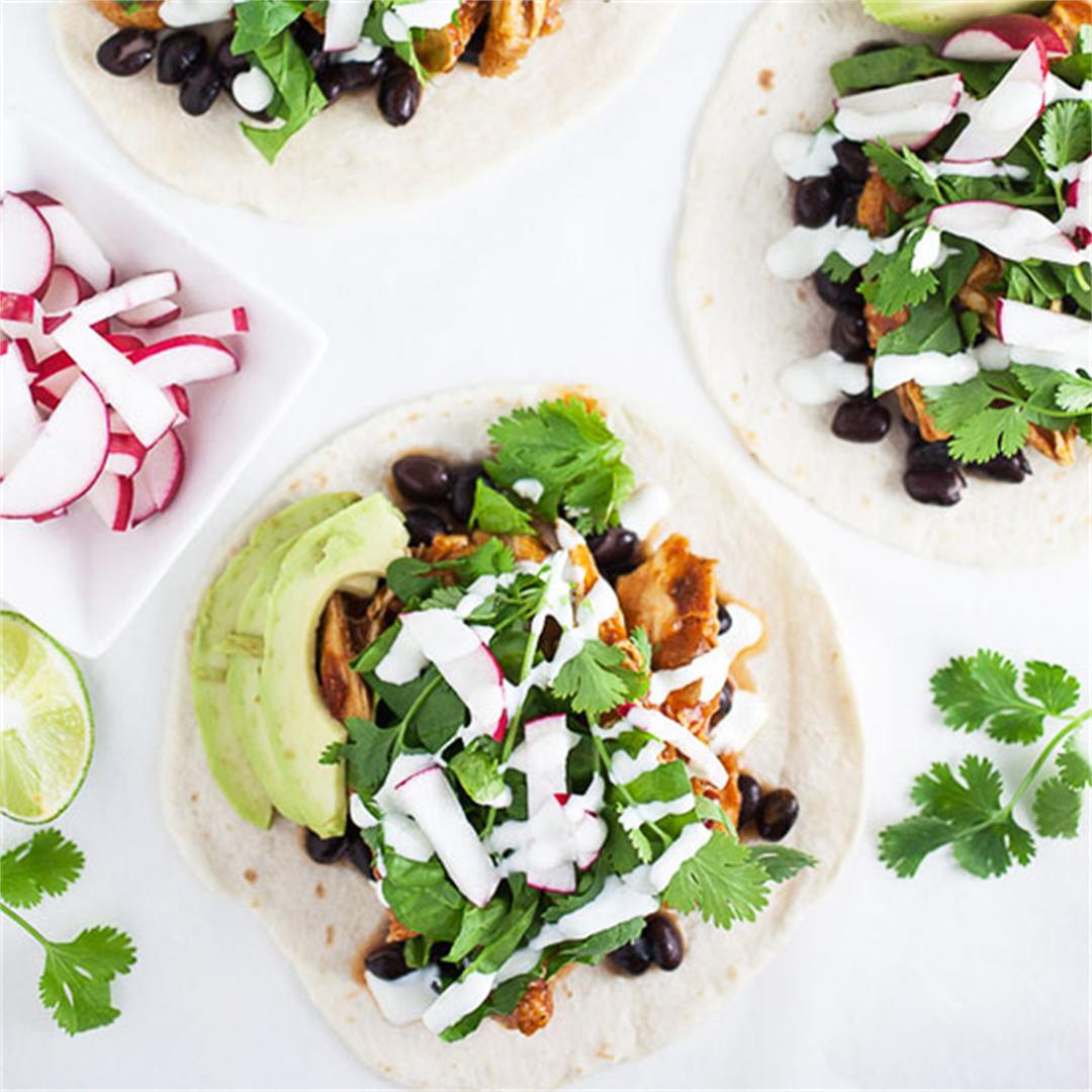 Skillet Chipotle Chicken Tacos with Mexican Crema