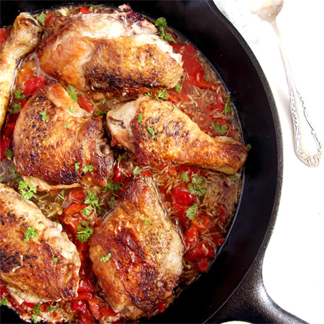 Skillet Chicken in Garlic and Roasted Pepper Sauce