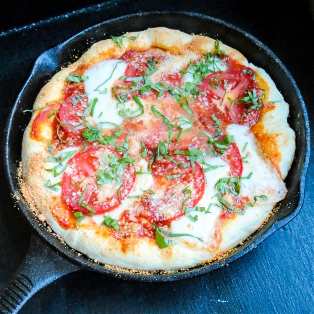 Cast Iron Pan Pizza with Fresh Mozzarella, Tomatoes & Basil