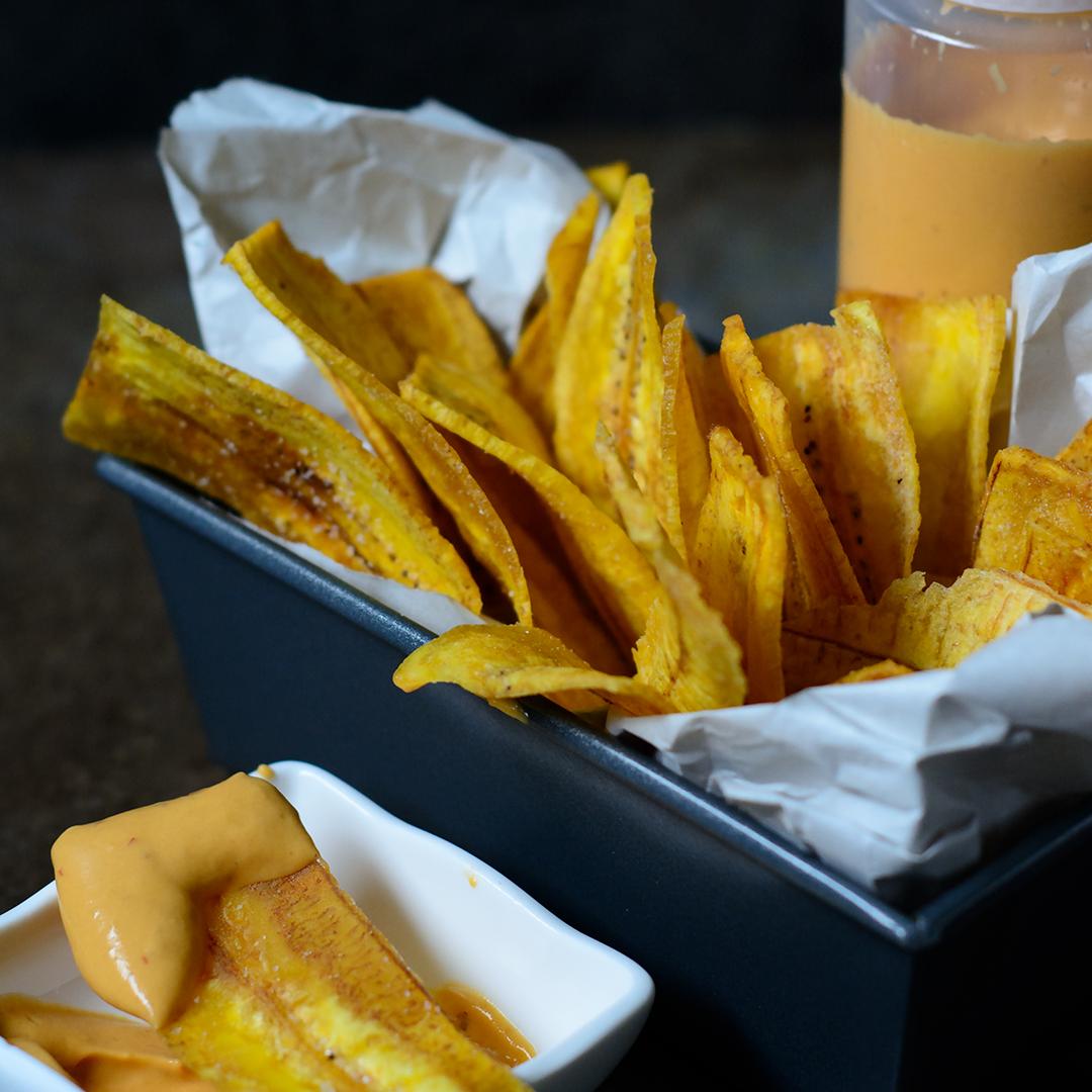 Homemade green plantain chips with ackee chipotle mayo