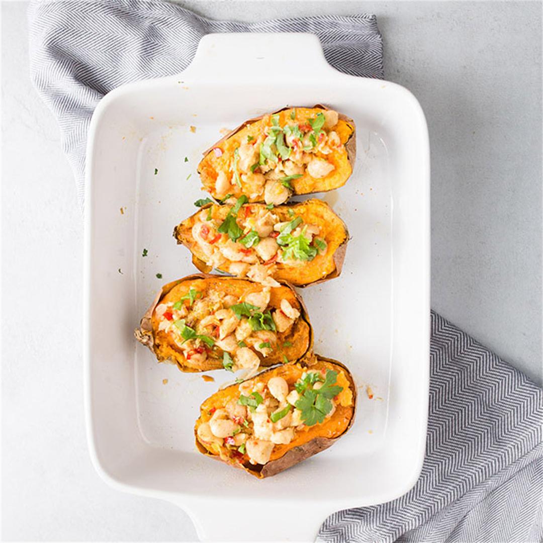 Baked sweet potatoes with butter beans