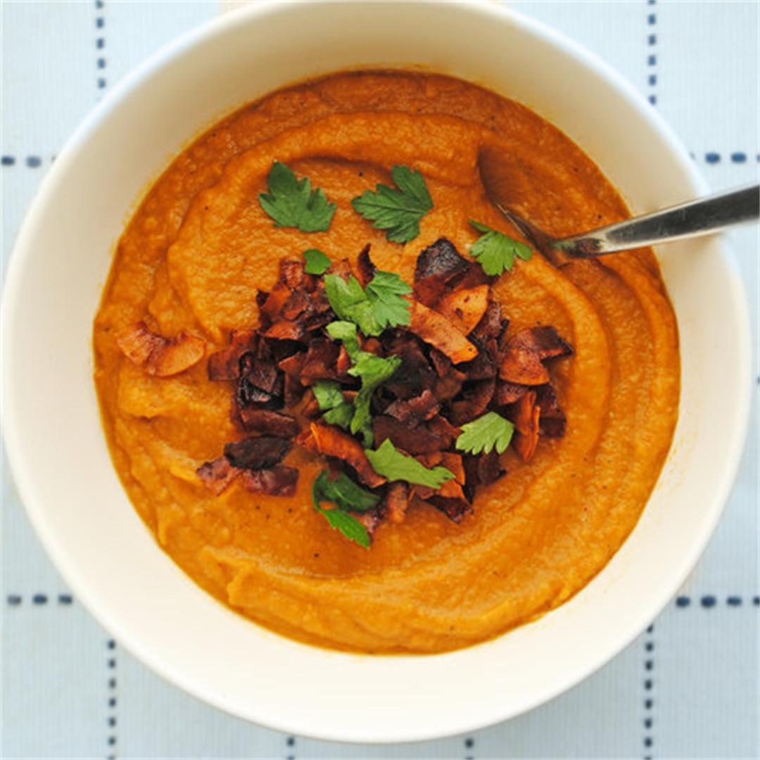 Roasted Sweet Potato Soup with Coconut Bacon