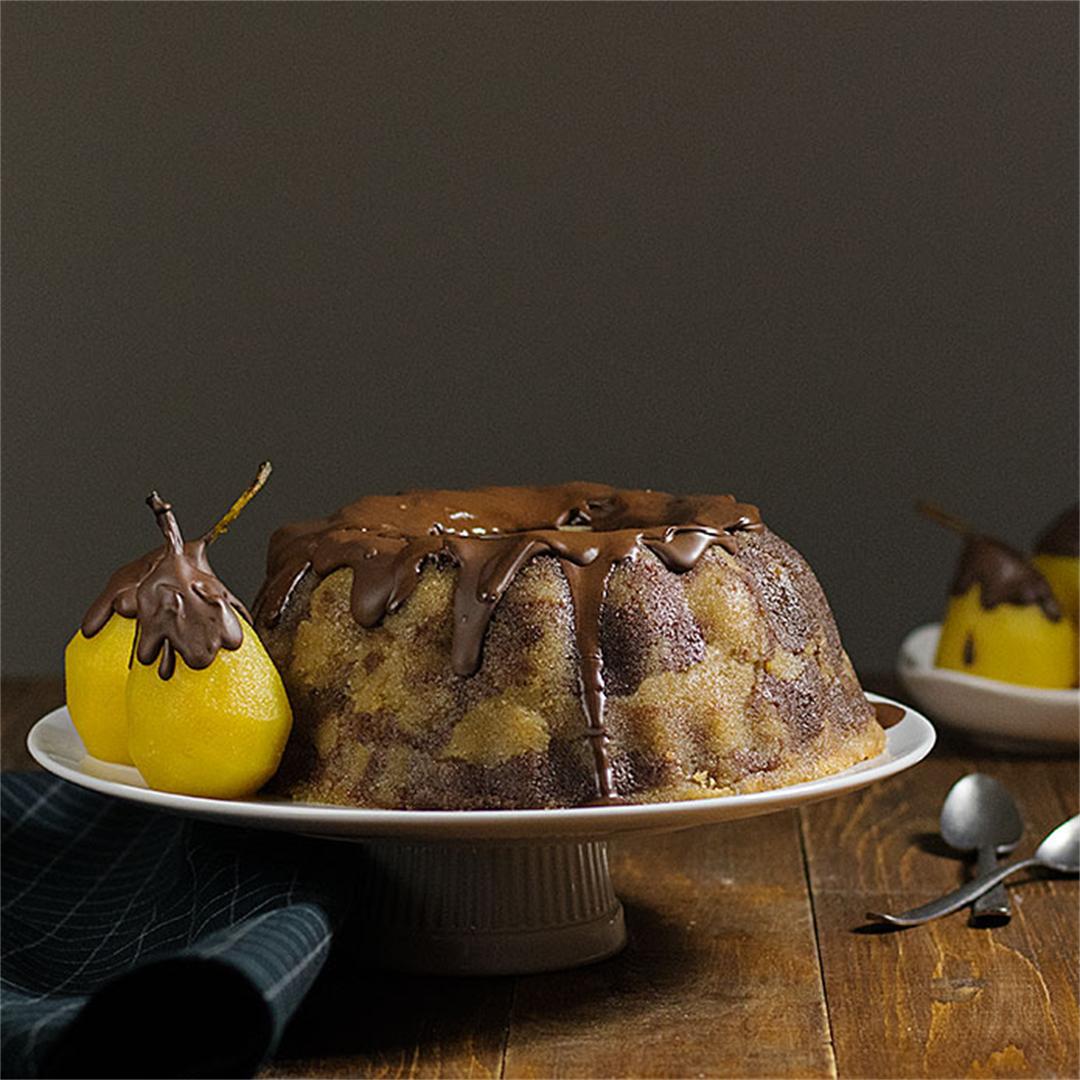 Marble semolina cake with poached pears