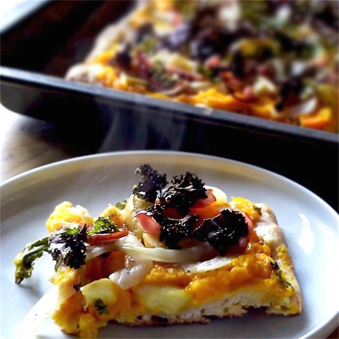 Pumpkin pizza is great breakfast pizza with ham, apple and kale