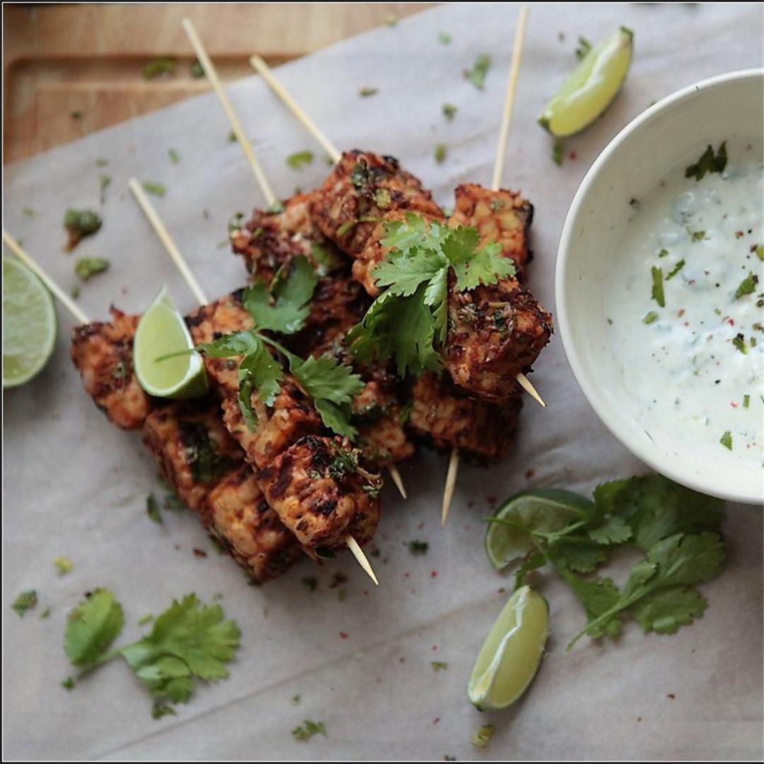 Tempeh skewers with coriander lime mayonnaise