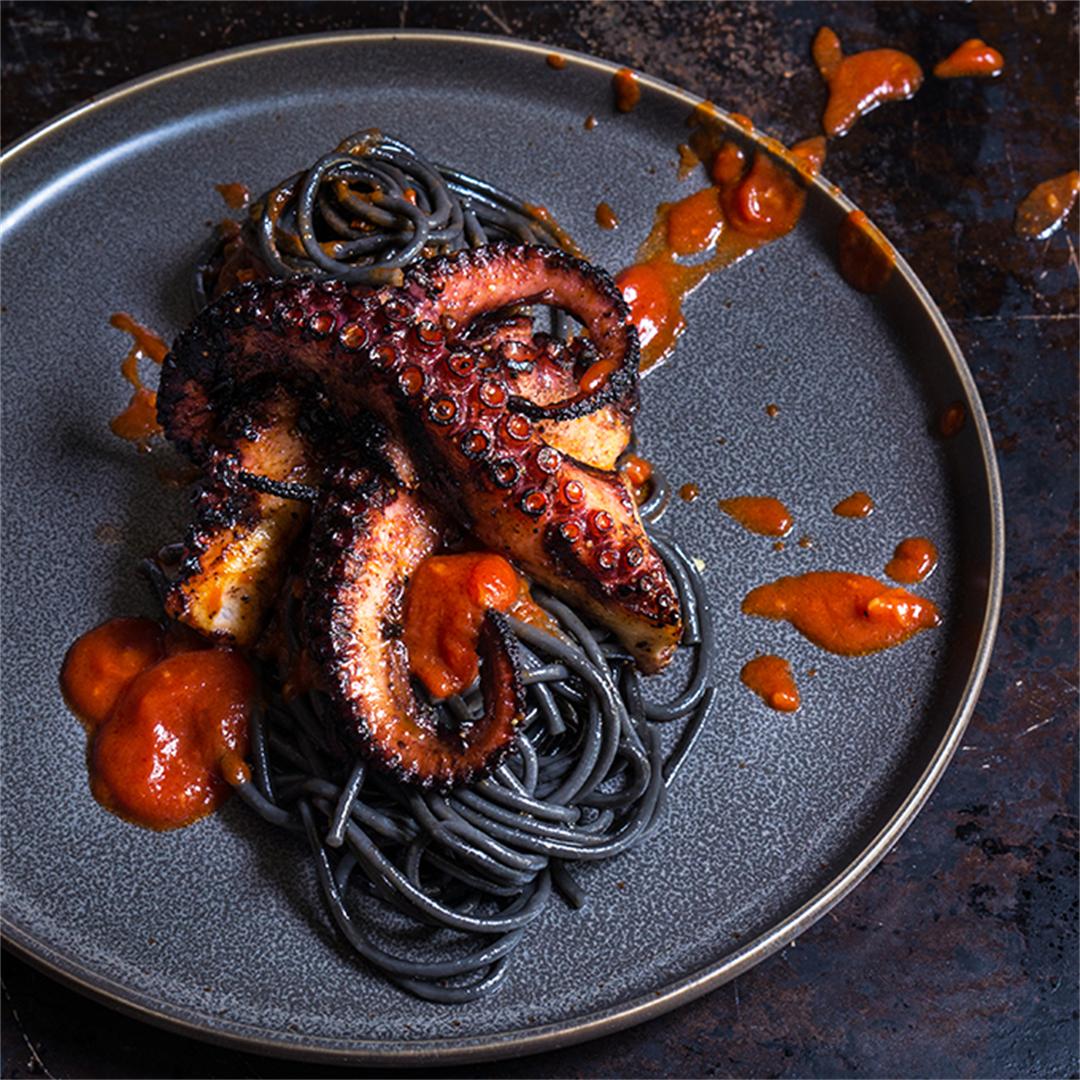 Grilled Octopus Over Squid Ink Pasta And Tomato Garlic Sauce Viktoria S Table,What Is Pectin Made Of