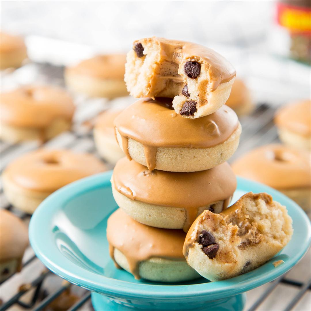Coffee Glazed Baked Chocolate Chip Donuts