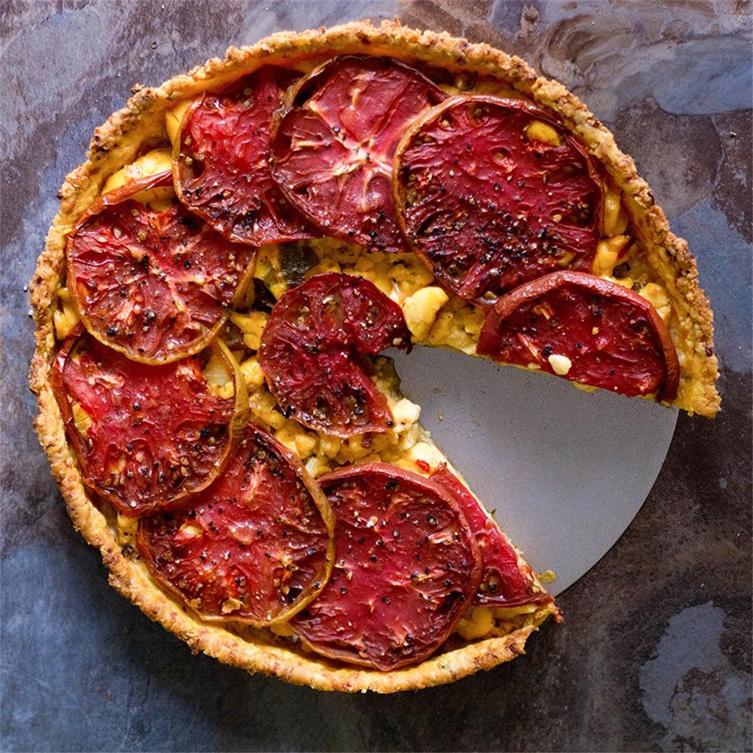 Heirloom tomatoes & Jamaican Ackees in a Cheddar-Herb Tart