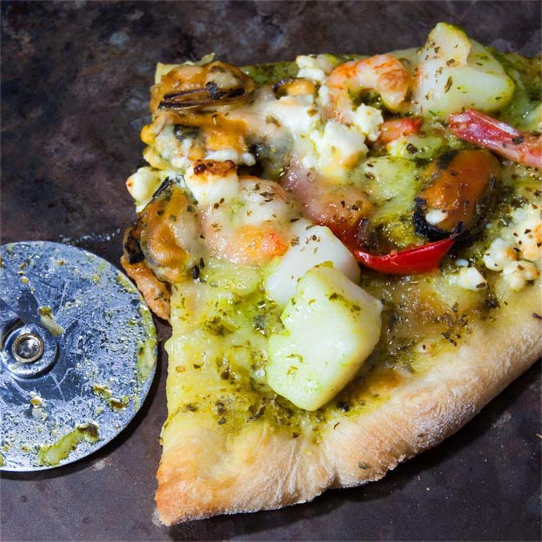 Seafood Pizza with basil sauce