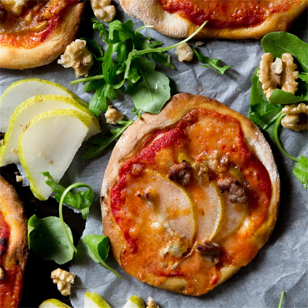 Mini Sausage Pizzas with Pear and Gorgonzola