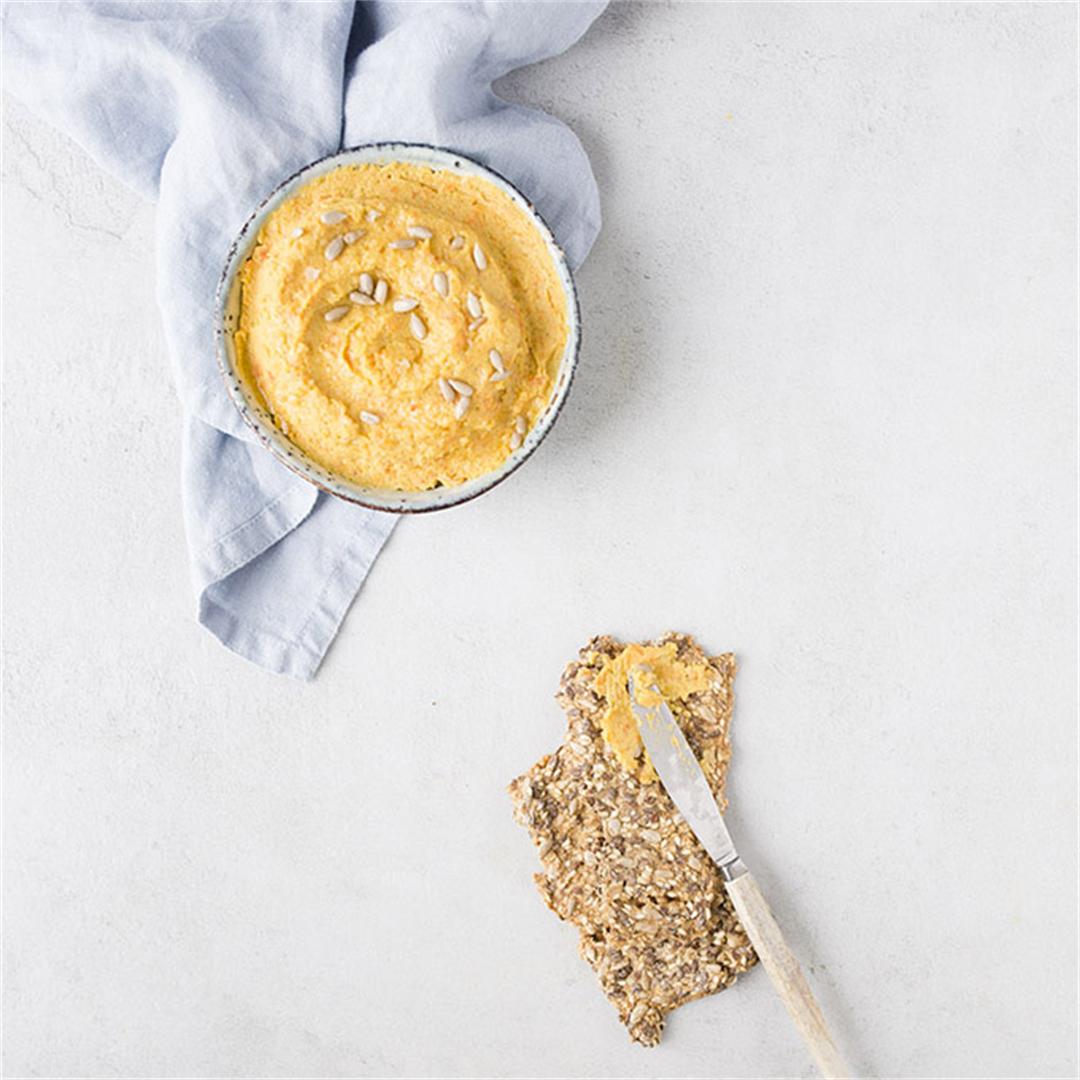 Carrot hummus is a delicious and healthy vegan spread or dip.