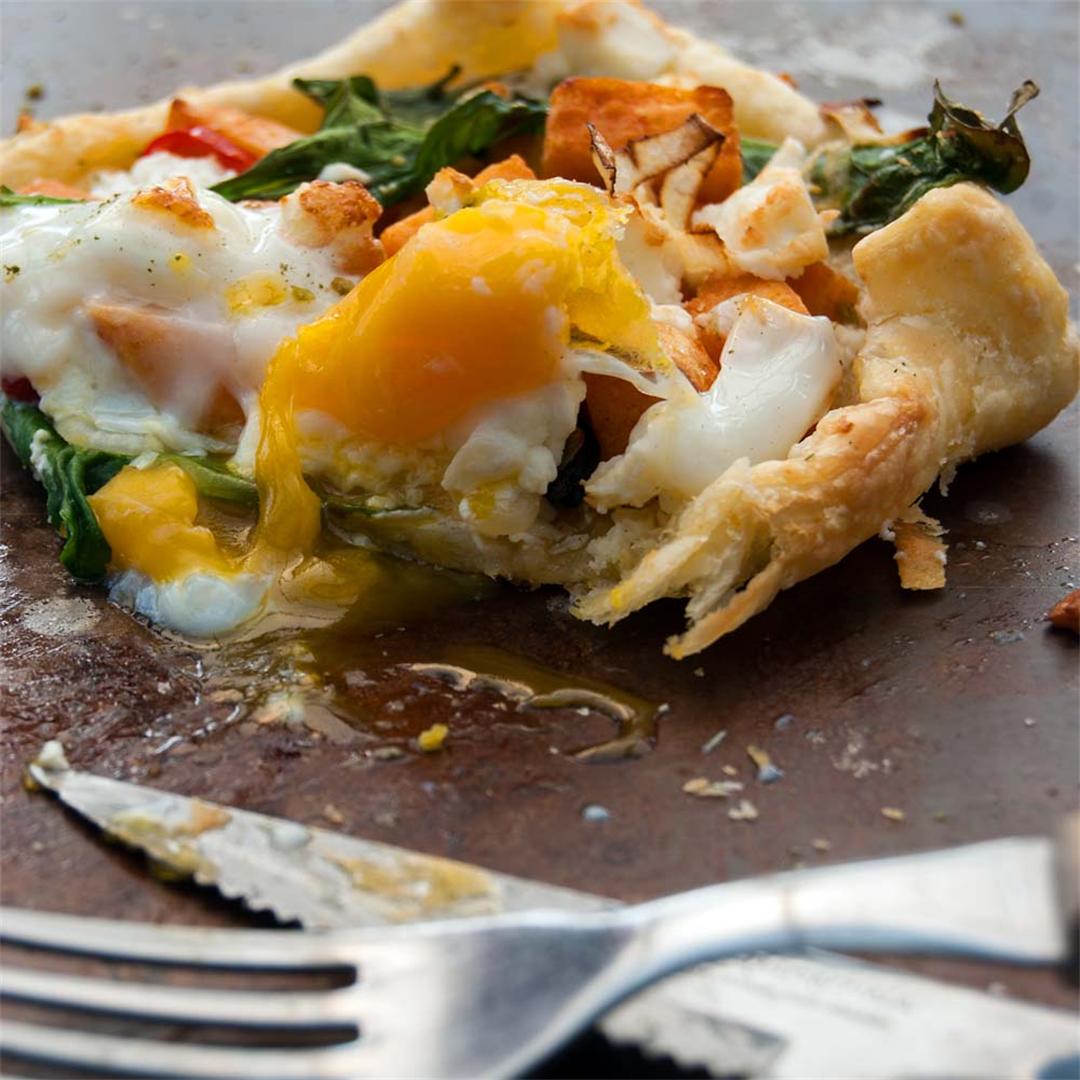 Galette with sweet potato, feta and egg