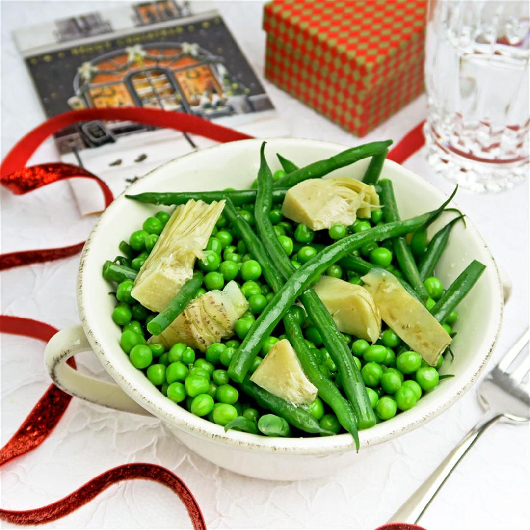Medley of green beans, garden peas and marinated artichokes